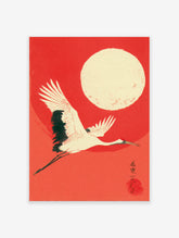 Ukiyo-e style Japanese wall art featuring a white flying crane with black wings against a vibrant red background and a large cream moon.