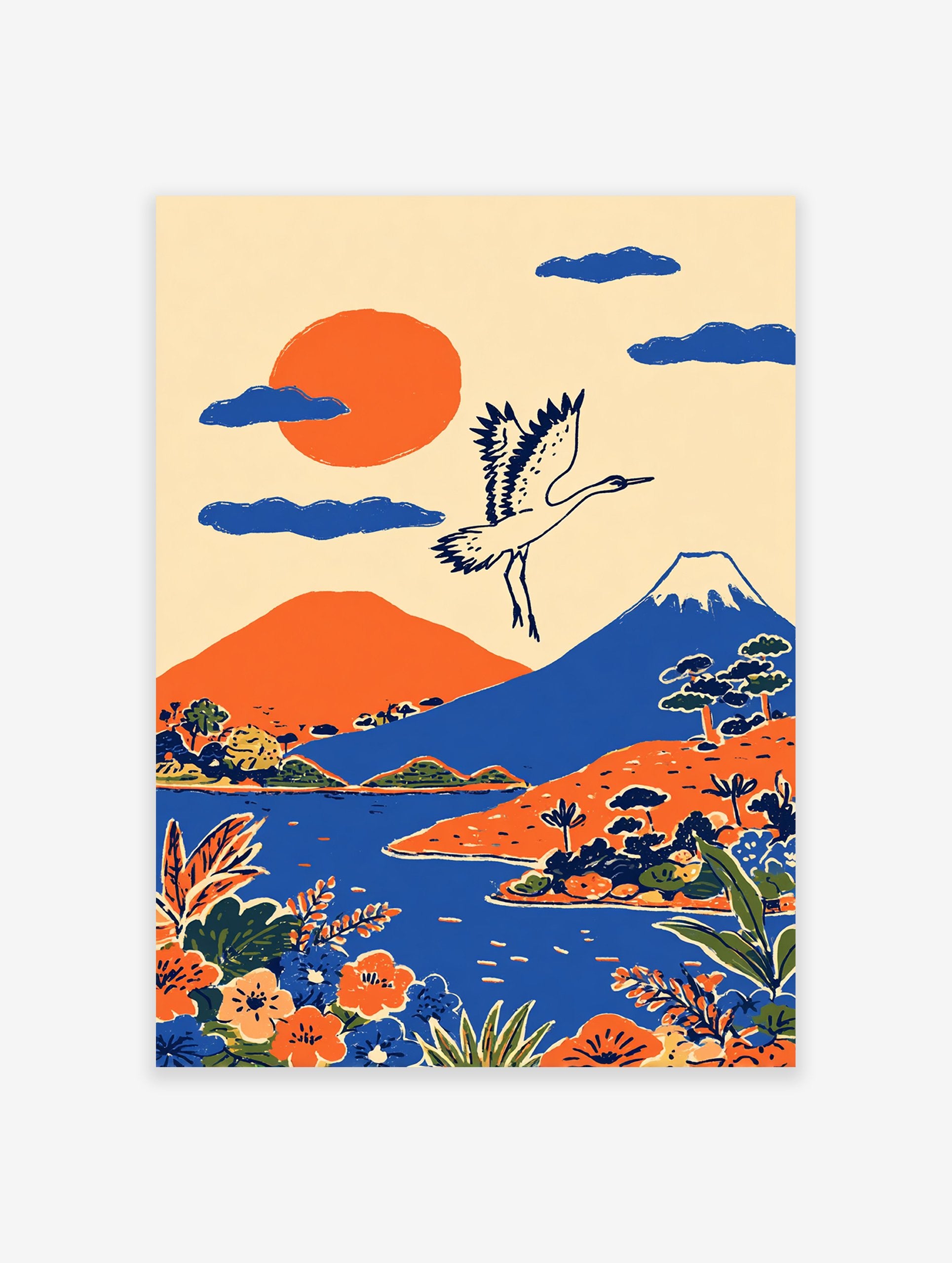 Illustrative Japanese Wall Art featuring a white crane flying over Mount Fuji, an orange sun, blue lake, and orange hills.
