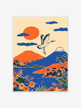 Illustrative Japanese Wall Art featuring a white crane flying over Mount Fuji, an orange sun, blue lake, and orange hills.