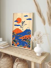 Illustrative Japanese Wall Art featuring a white crane flying over Mount Fuji, an orange sun, blue lake, and orange hills. - Image 3