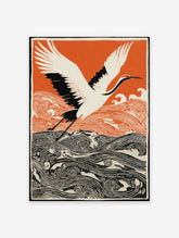 Japanese wall art print of a white and black crane flying over orange and black stylized waves against an orange sky.