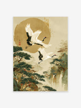 Japanese wall art print with two flying red-crowned cranes over a serene mountain landscape, pine trees, and traditional buildings.