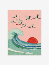 Japanese Wall Art with a flock of cranes flying over a large blue-green ocean wave and a red sun against a pink sky.