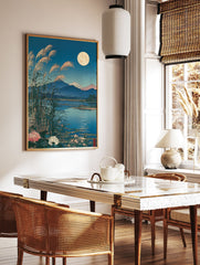 Japanese landscape wall art featuring a full moon, pampas grass, a calm lake, and distant mountains in ukiyo-e style. - Image 3