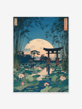 Japanese ukiyo-e landscape print with a full moon, torii gate, lotus pond, and bamboo stalks under a blue sky.