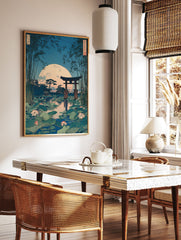 Japanese ukiyo-e landscape print with a full moon, torii gate, lotus pond, and bamboo stalks under a blue sky. - Image 3