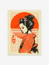 Japanese Wall Art featuring a geisha illustration with black hair, red makeup, and a red sun on a grid background.