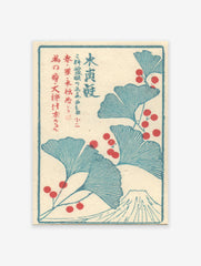 Japanese Wall Art print with blue ginkgo leaves, red berries, and Mount Fuji illustration on a cream background.