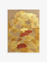 Gold and red ginkgo leaf Japanese wall art print with textured metallic details on a beige background.