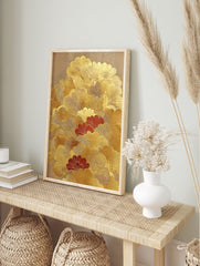 Gold and red ginkgo leaf Japanese wall art print with textured metallic details on a beige background. - Image 3