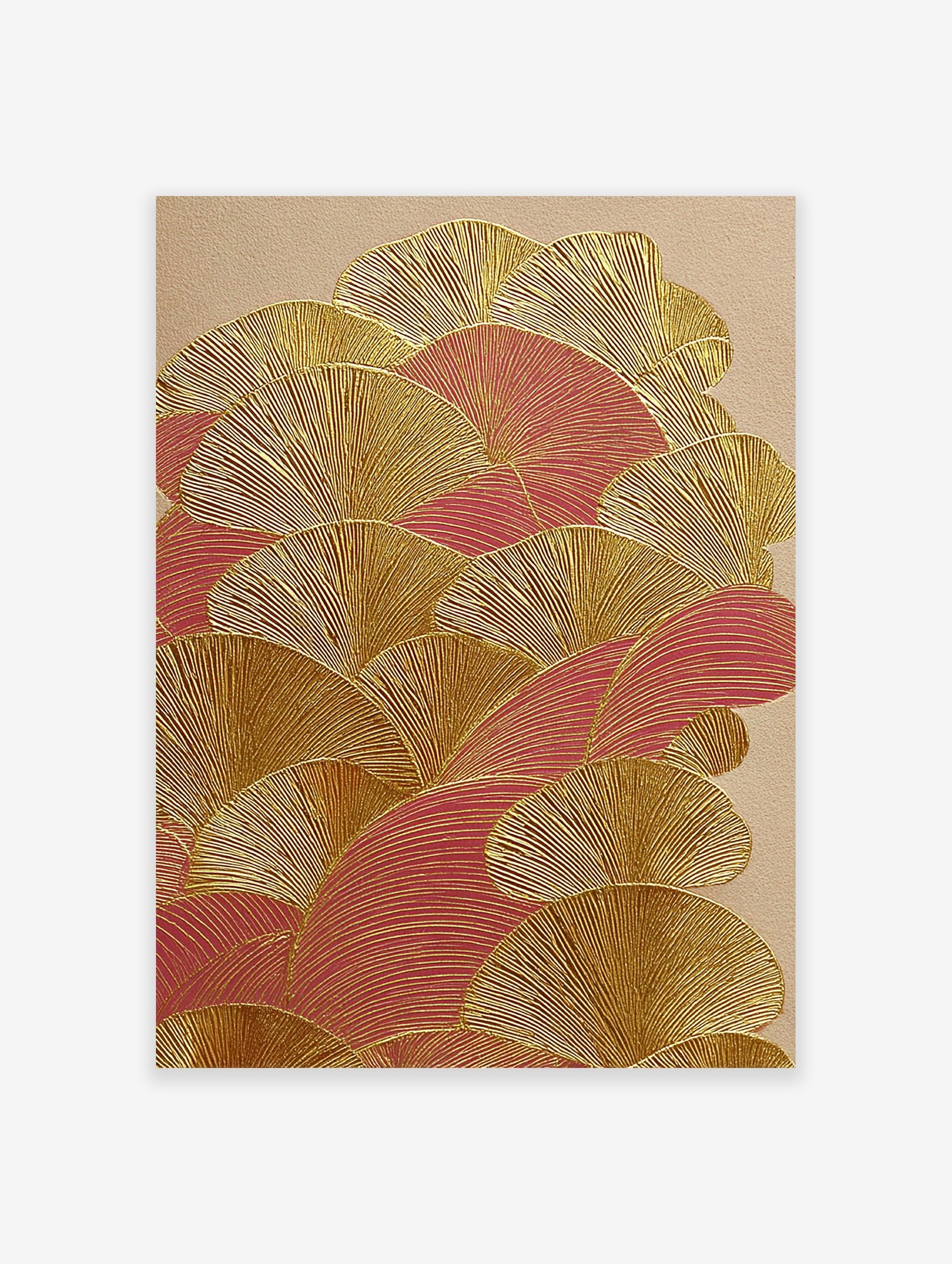 Japanese Wall Art featuring gold metallic textured fan patterns and deep red shapes on a light beige background.