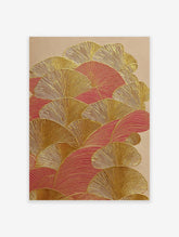 Japanese Wall Art featuring gold metallic textured fan patterns and deep red shapes on a light beige background.