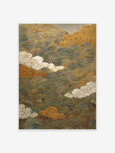 Traditional Japanese wall art featuring shimmering gold wave patterns and stylized white and gold clouds on a dark background.