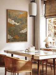 Traditional Japanese wall art featuring shimmering gold wave patterns and stylized white and gold clouds on a dark background. - Image 2