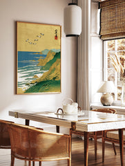 Japanese-style coastal landscape art print with golden sky, flying birds, green cliffs, and blue ocean waves. - Image 2