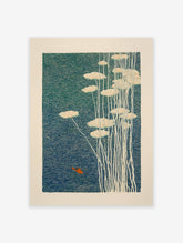 Japanese wall art print depicting an orange goldfish swimming in blue-green water with white water lilies and stems.