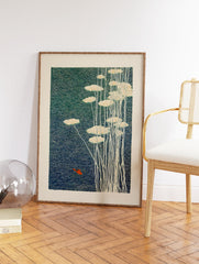 Japanese wall art print depicting an orange goldfish swimming in blue-green water with white water lilies and stems. - Image 2