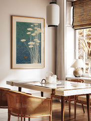 Japanese wall art print depicting an orange goldfish swimming in blue-green water with white water lilies and stems. - Image 3