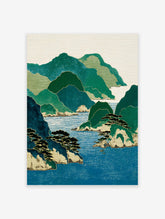 Japanese Wall Art print depicting green mountains, blue sea, and islands with pine trees in a traditional ukiyo-e style.