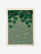 Japanese botanical wall art print featuring green grapevines with clusters of grapes and a small bee on a striped green background.