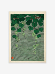 Japanese botanical wall art print featuring green grapevines with clusters of grapes and a small bee on a striped green background.