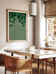 Japanese botanical wall art print featuring green grapevines with clusters of grapes and a small bee on a striped green background. - Image 3