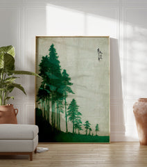 Japanese wall art print depicting a serene green pine tree landscape on a light textured background with calligraphy. - Image 3