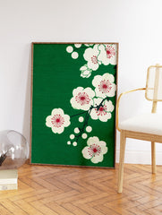 Japanese plum blossom art print with white flowers and dark red centers on a dark green textured background. - Image 2
