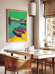 Japanese wall art print of a vibrant harbor with traditional pink and yellow boats, teal water, and green hillsides. - Image 2