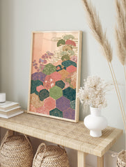 Japanese wall art print with hexagon patterns, stylized trees, and flowers in a multi-color Asian landscape - Image 3