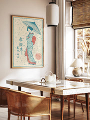 Japanese Ukiyo-e style wall art print featuring a woman in a kimono holding an umbrella in a snow scene. - Image 2