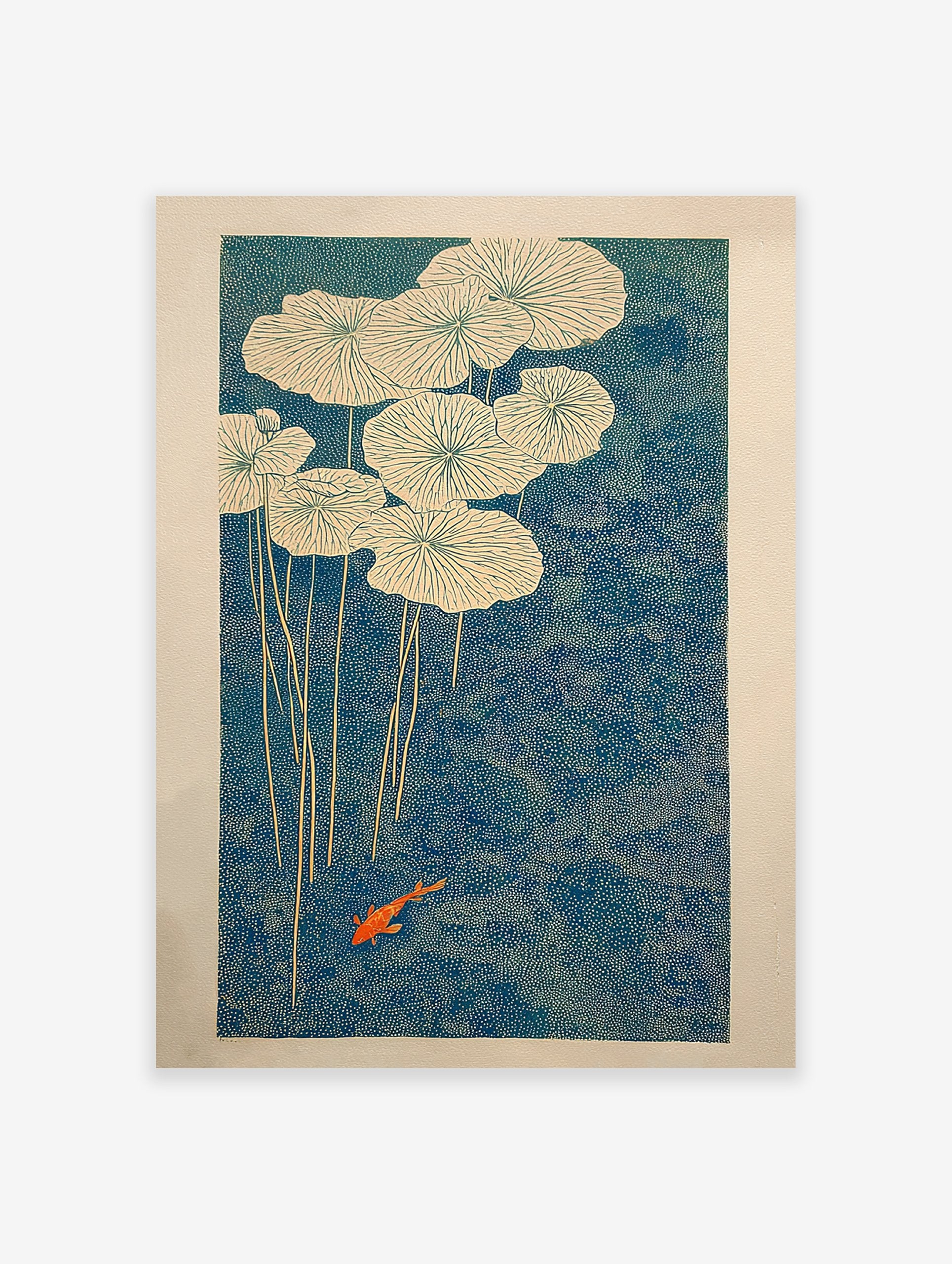 Japanese wall art print of an orange koi fish swimming among white water lilies in a deep blue pond with stippled texture.