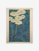 Japanese wall art print of an orange koi fish swimming among white water lilies in a deep blue pond with stippled texture.