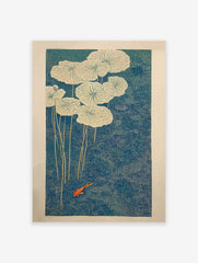Japanese wall art print of an orange koi fish swimming among white water lilies in a deep blue pond with stippled texture.