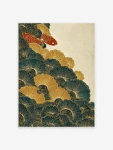 Japanese wall art print with two red koi fish swimming in teal and gold stylized waves and ginkgo-like patterns.