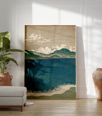 Japanese landscape art print featuring blue lake, green mountains, beige sky with clouds, and a striking red horizon line. - Image 3