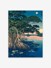 Japanese woodblock print of a moonlit mangrove landscape with intricate roots, lily pads, and a serene blue and pink sky.