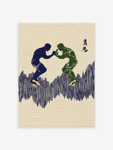 Japanese wall art print of two stylized martial arts wrestlers in blue and green on a beige textured background.