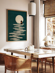 Japanese Wall Art print of a full moon, traditional lantern, and stylized water ripples with lily pads on a dark teal background. - Image 3