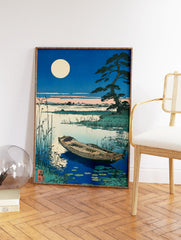 Japanese woodblock print of a full moon over a lake with a boat, reeds, and a pine tree in a serene landscape. - Image 2