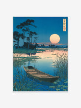 Japanese Ukiyo-e style wall art print featuring a serene moonlit landscape with a boat on a calm lake and tall reeds.