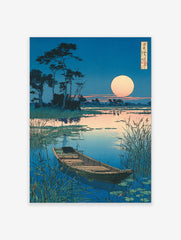 Japanese Ukiyo-e style wall art print featuring a serene moonlit landscape with a boat on a calm lake and tall reeds.