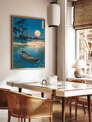 Japanese Ukiyo-e style wall art print featuring a serene moonlit landscape with a boat on a calm lake and tall reeds. - Image 3