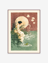 Japanese wall art print of a woman in a kimono by a moonlit pond with a frog and floating lanterns.