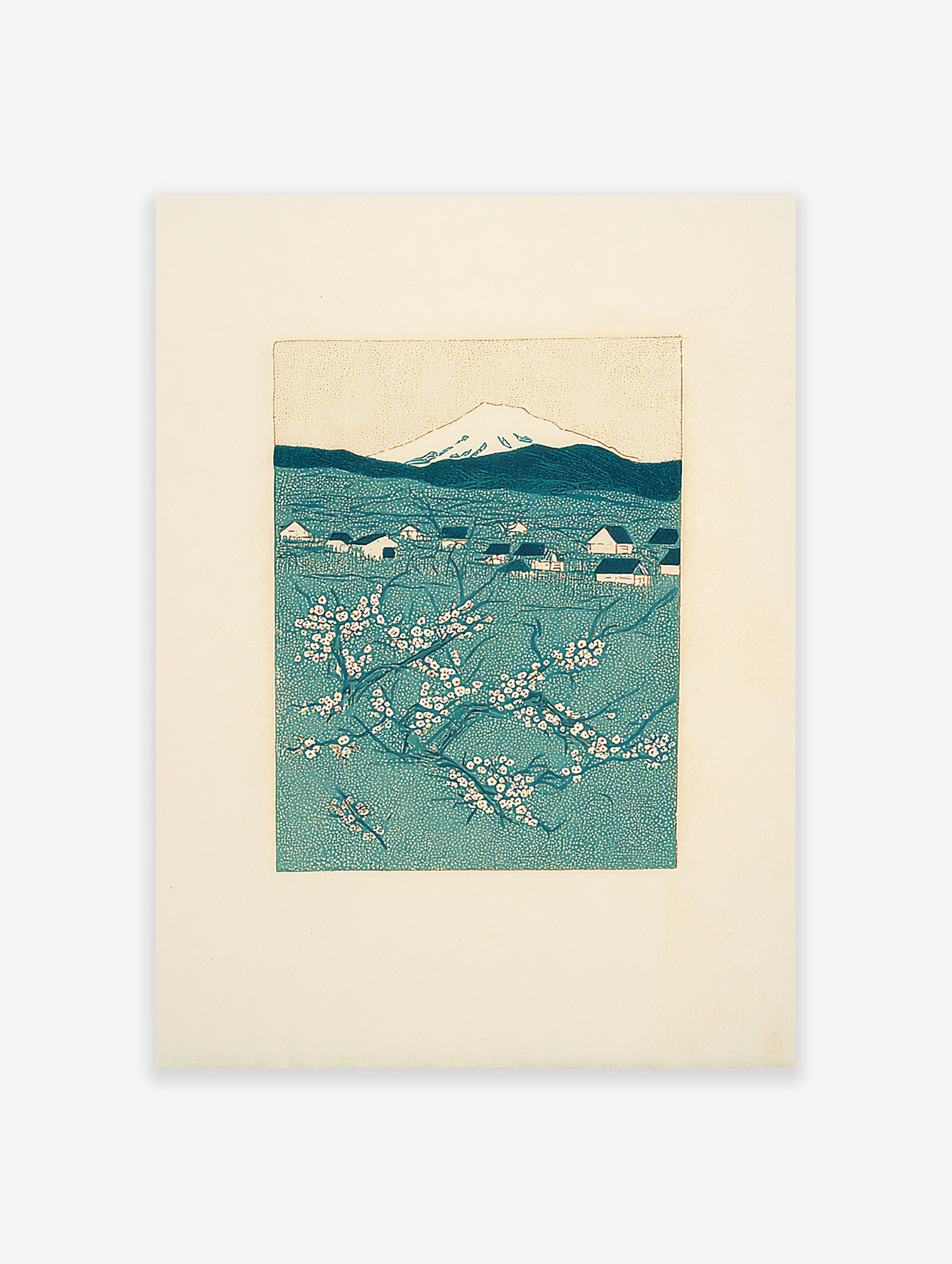 Japanese woodblock print of Mount Fuji, a village, and cherry blossoms in teal and white.