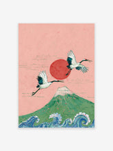 Japanese wall art featuring two majestic cranes flying over Mount Fuji with a red sun and ocean waves, on a pink background.