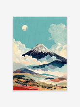 Japanese Mount Fuji wall art print with snow-capped peak, moon, clouds, and colorful rolling hills landscape