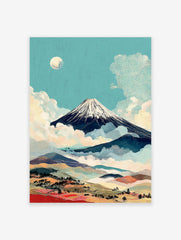 Japanese Mount Fuji wall art print with snow-capped peak, moon, clouds, and colorful rolling hills landscape