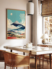Japanese Mount Fuji wall art print with snow-capped peak, moon, clouds, and colorful rolling hills landscape - Image 2