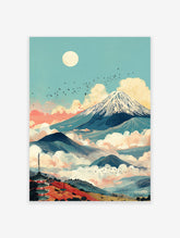 Japanese wall art print of Mount Fuji, a pagoda, a full moon, and birds flying over clouds and mountains in Ukiyo-e style.